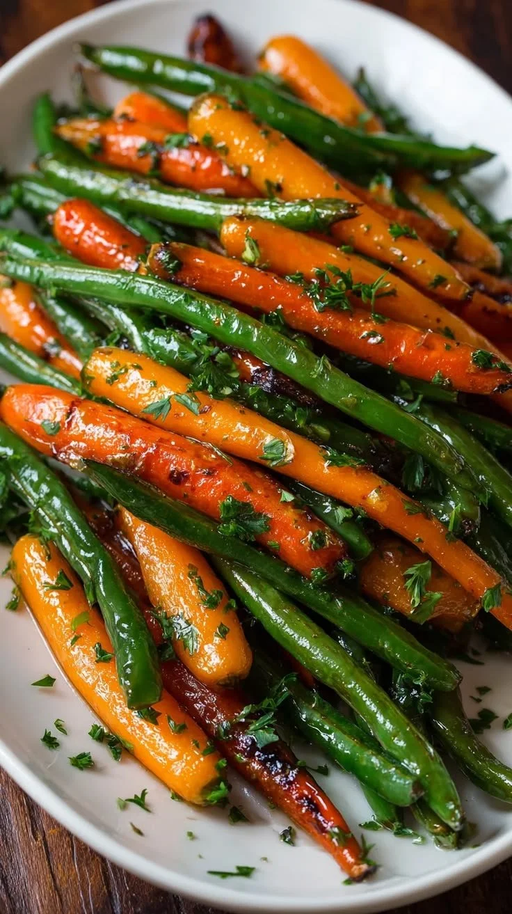 Delicious honey glazed carrots and green beans served on a plate.