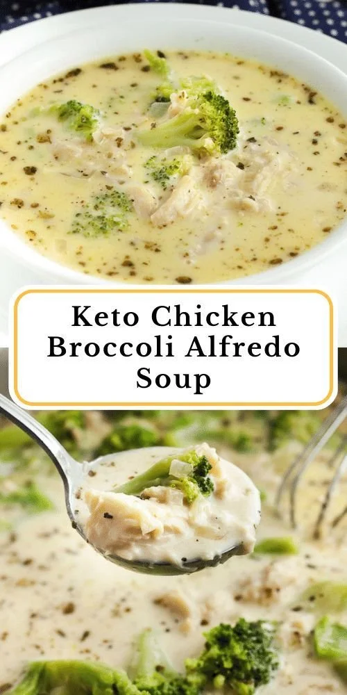 Bowl of creamy Keto Chicken Broccoli Alfredo Soup with broccoli and chicken pieces