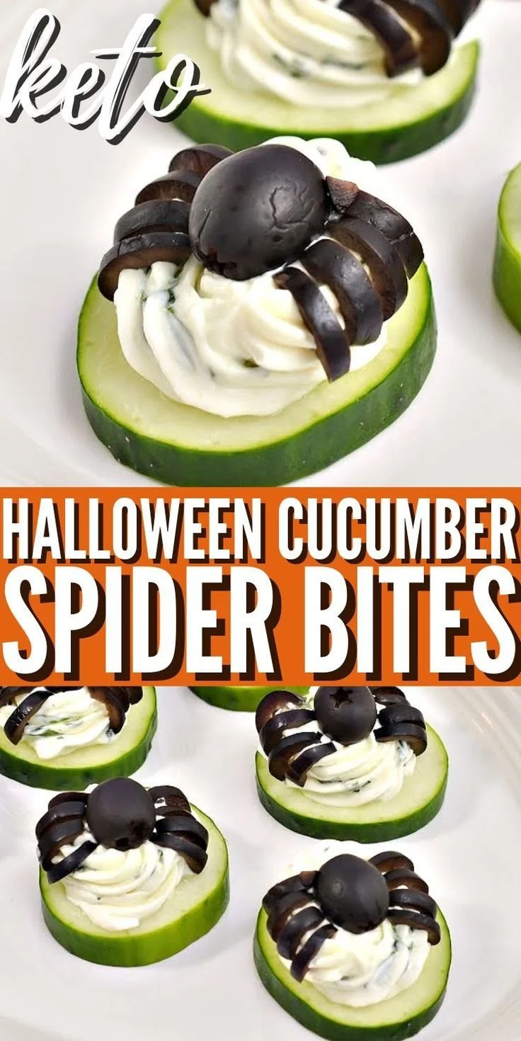 Keto Halloween Cucumber Spider Bites served on a plate for a festive treat