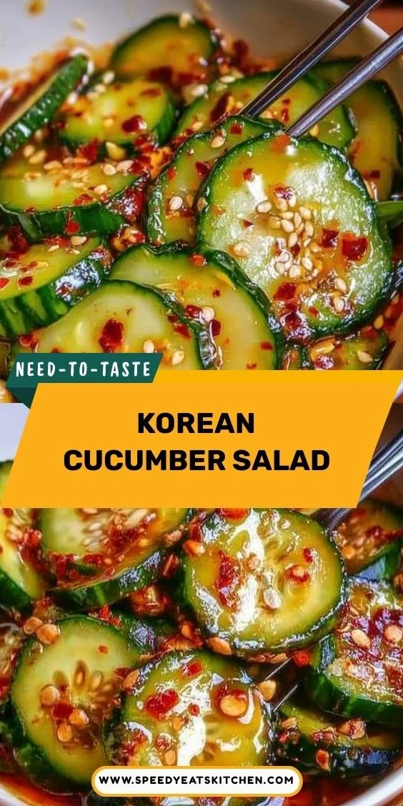Delicious bowl of Korean Cucumber Salad garnished with sesame seeds and chilies.