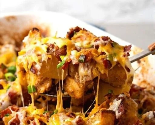 Loaded chicken and potato casserole baked to perfection with cheese and spices