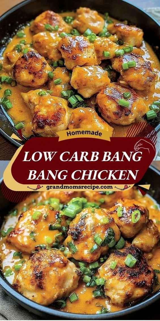 A plate of Low Carb Bang Bang Chicken garnished with green onions and sesame seeds.