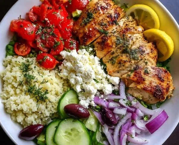 Low-Carb Greek Chicken Bowl with fresh vegetables and feta cheese