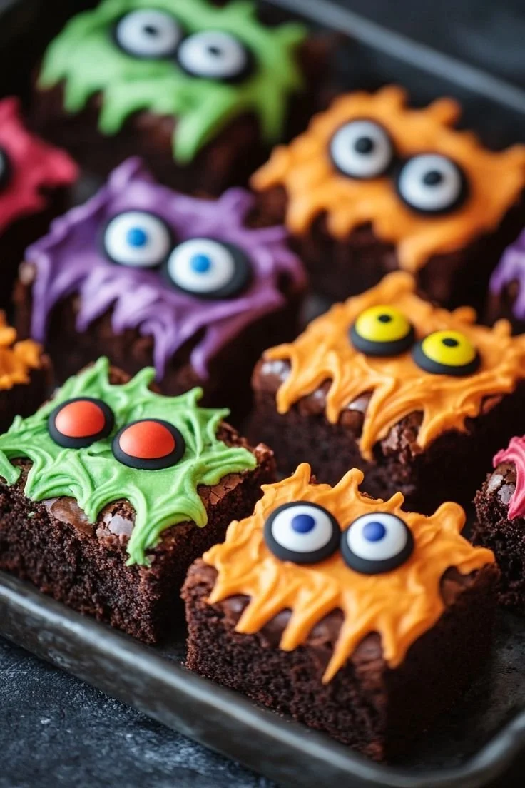 Festive Monster Brownies displayed for Halloween parties filled with fun decorations.