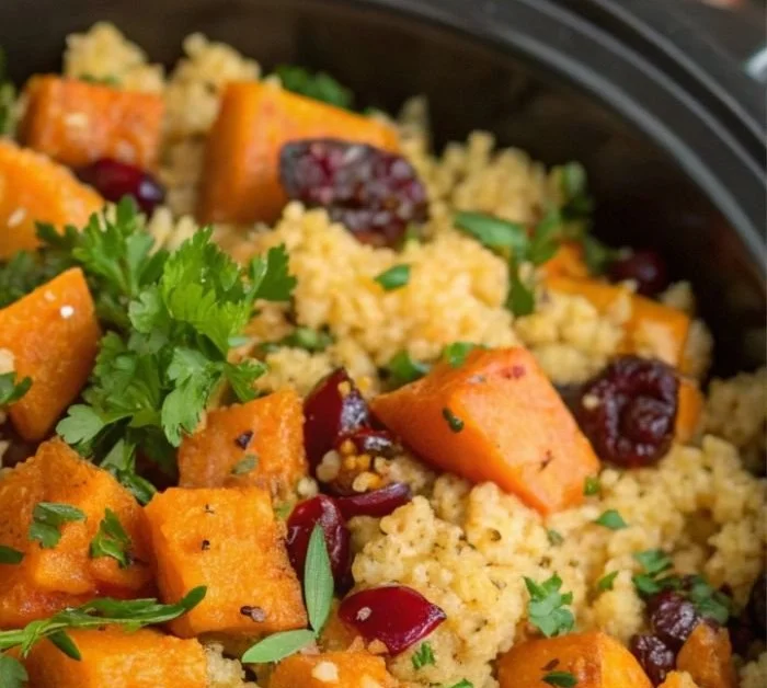 Nutritious crockpot sweet potato quinoa pilaf served in a bowl.