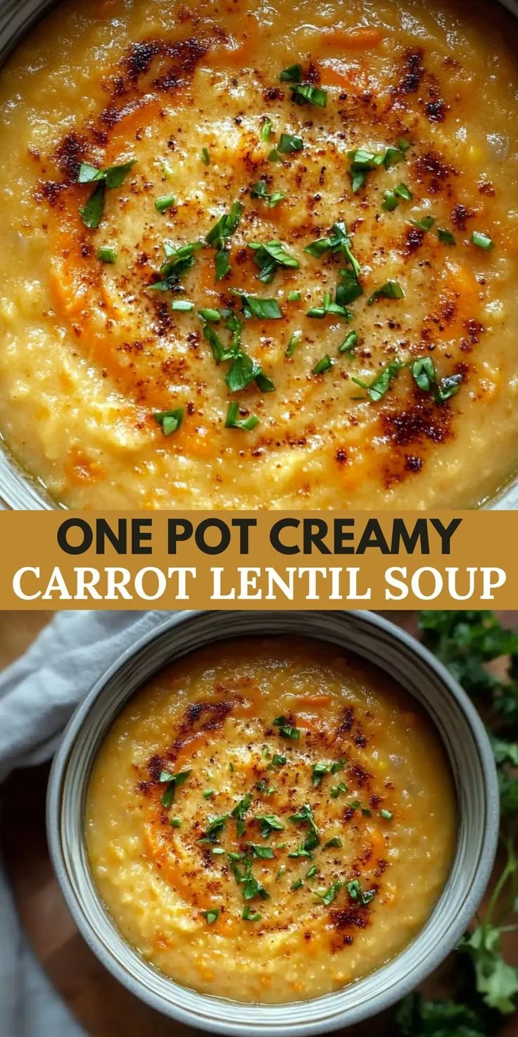 One Pot Creamy Carrot Lentil Soup in a bowl garnished with herbs