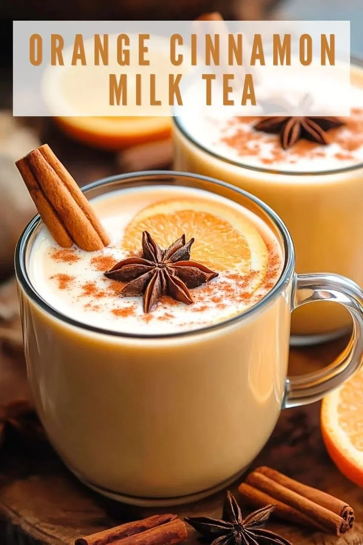 A cozy cup of orange cinnamon milk tea, perfect for warming up or cooling down.