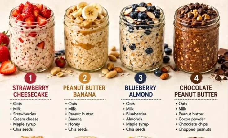 A bowl of colorful overnight oats topped with fruits and nuts for a healthy breakfast.