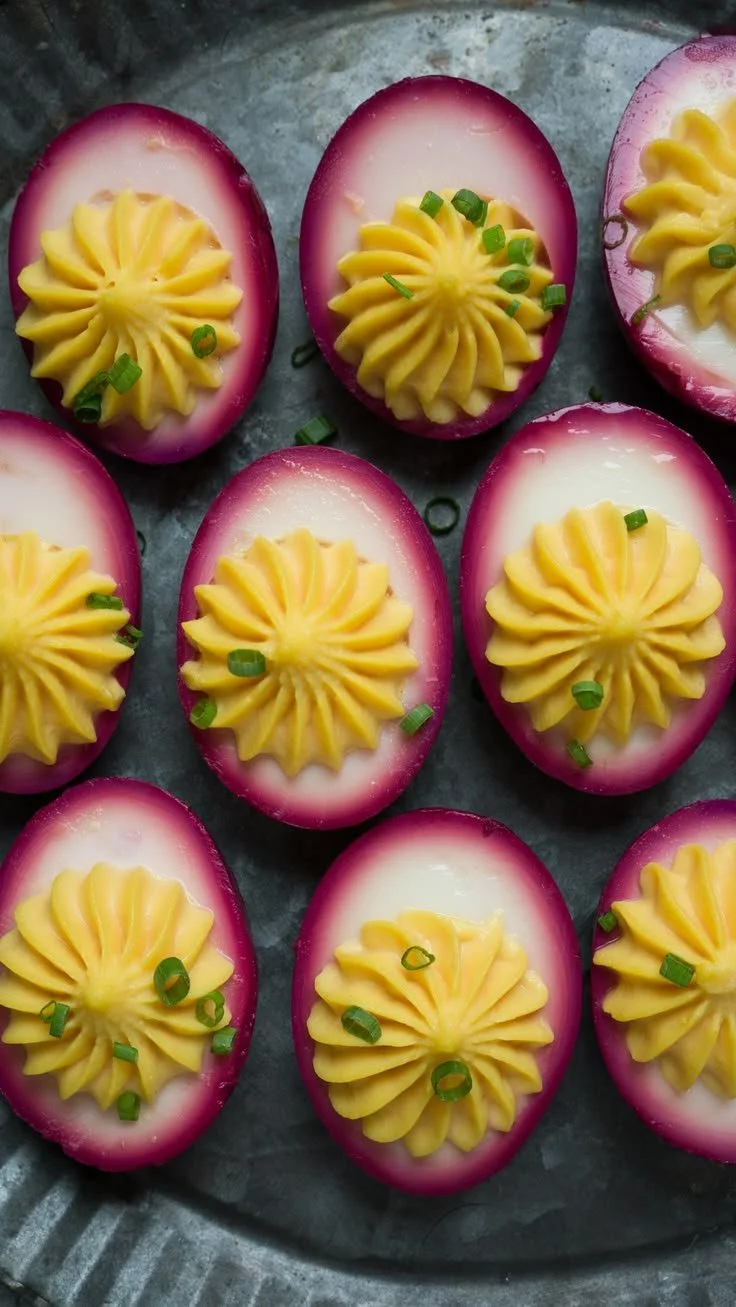 Plate of vibrant Pickled Deviled Eggs garnished with herbs