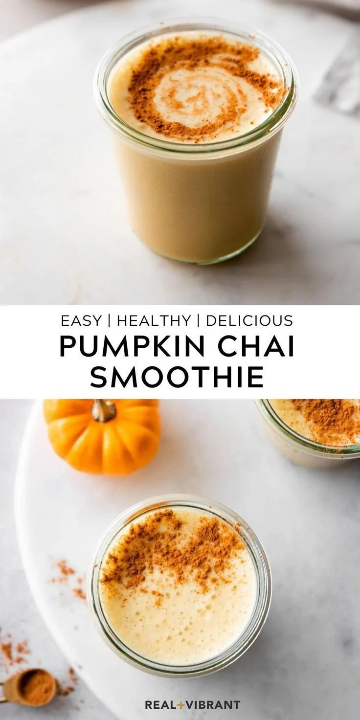 Delicious pumpkin chai smoothie in a glass with cinnamon on top.