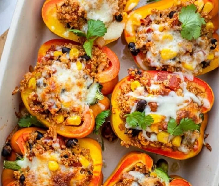 Colorful quinoa stuffed peppers loaded with fresh vegetables and herbs