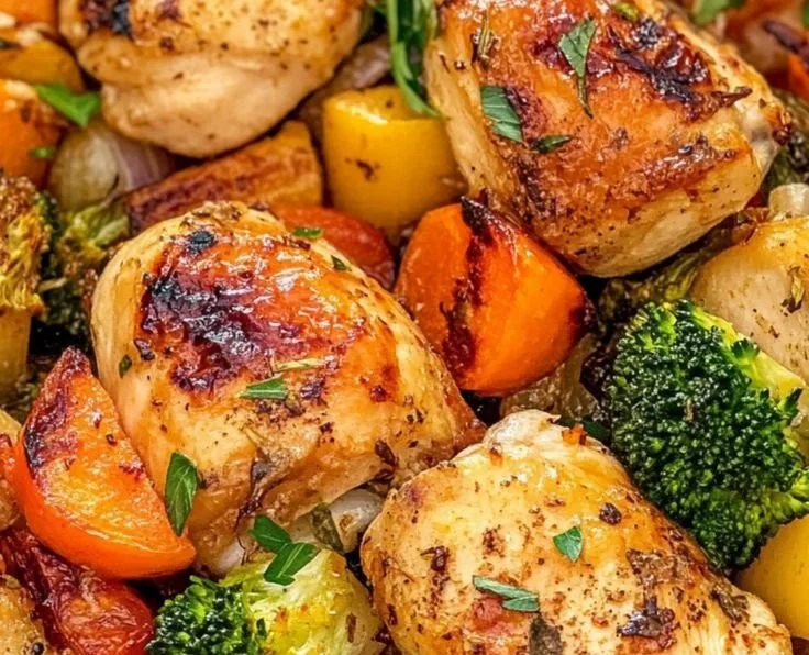 Roasted garlic chicken served with colorful vegetables on a platter