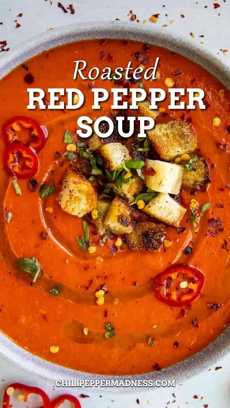 Delicious bowl of roasted red pepper soup topped with herbs and spices