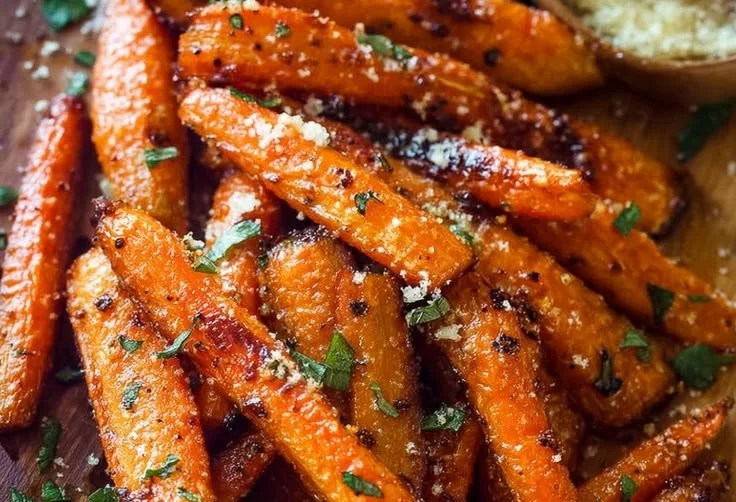 Bowl of savory Parmesan Garlic Roasted Carrots seasoned with herbs and spices