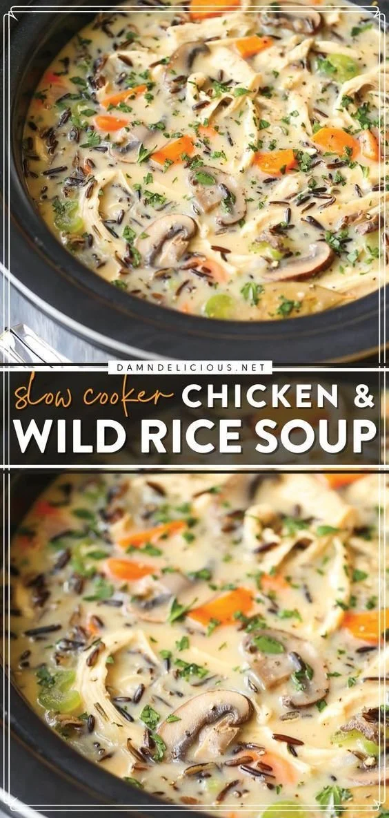 Delicious slow cooker chicken and wild rice soup in a bowl.
