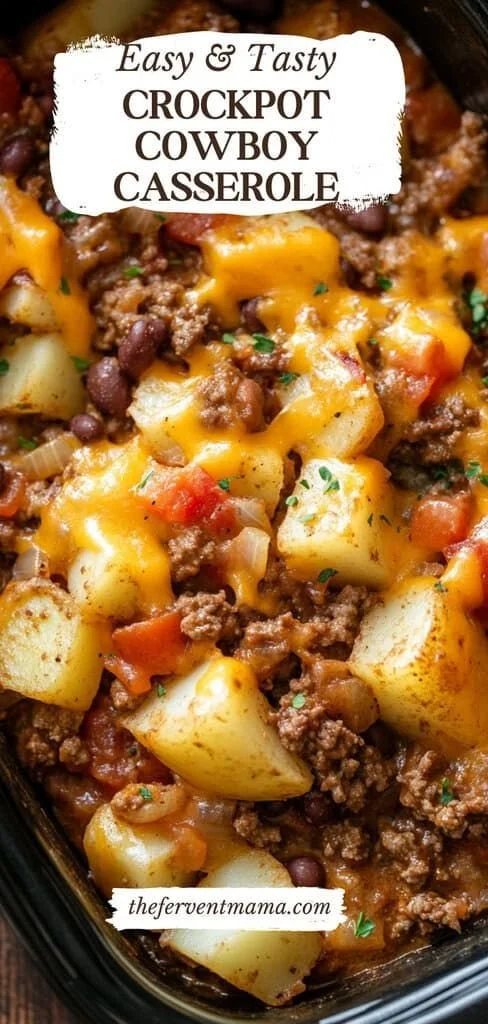 Delicious Slow Cooker Cowboy Casserole with beans and meat in a bowl