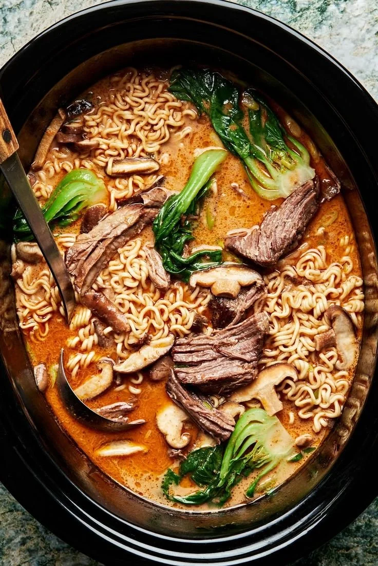 Bowl of homemade slow cooker ramen with toppings