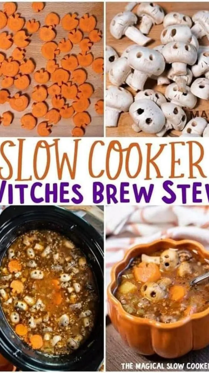 Bowl of delicious slow cooker witch's brew stew with vegetables and herbs.