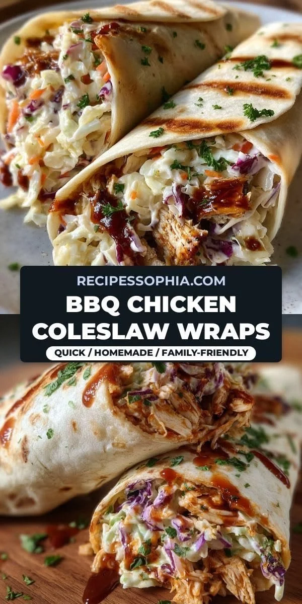 Smoky BBQ chicken and crunchy coleslaw wrapped in a tortilla for a tasty meal.
