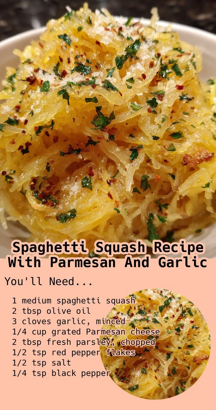 Spaghetti squash topped with Parmesan and garlic, a healthy recipe.
