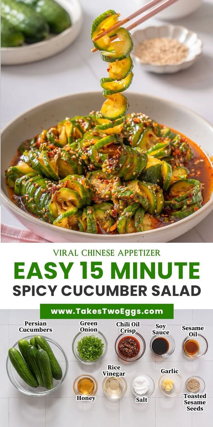 A vibrant Spicy Asian Cucumber Salad with fresh ingredients and a zesty dressing.
