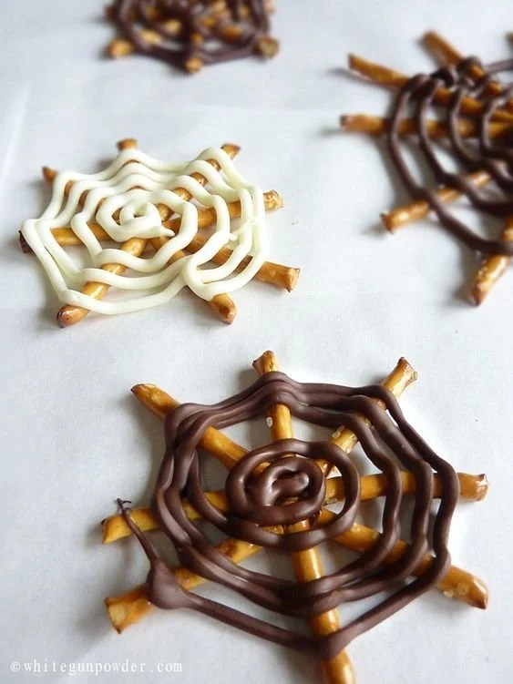 Spider-Web Chocolate Pretzels decorated for Halloween
