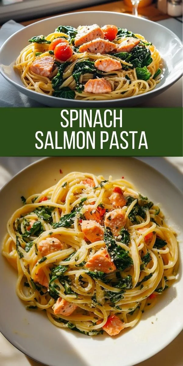 Bowl of spinach salmon pasta topped with herbs and lemon.