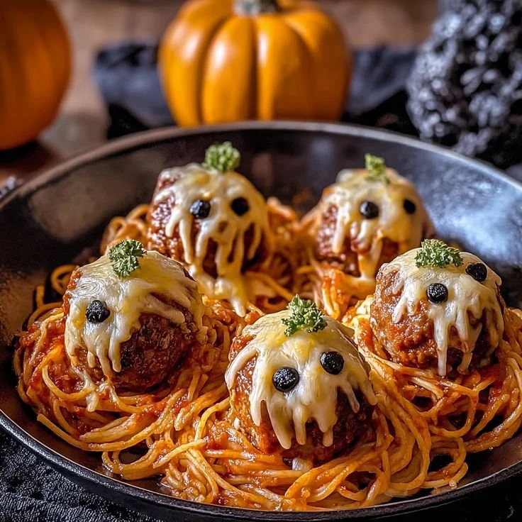 Spooky Halloween spaghetti with cheese stuffed meatballs served on a festive plate