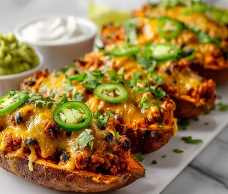High-protein sweet potato boats filled with nutritious ingredients for meal prep.