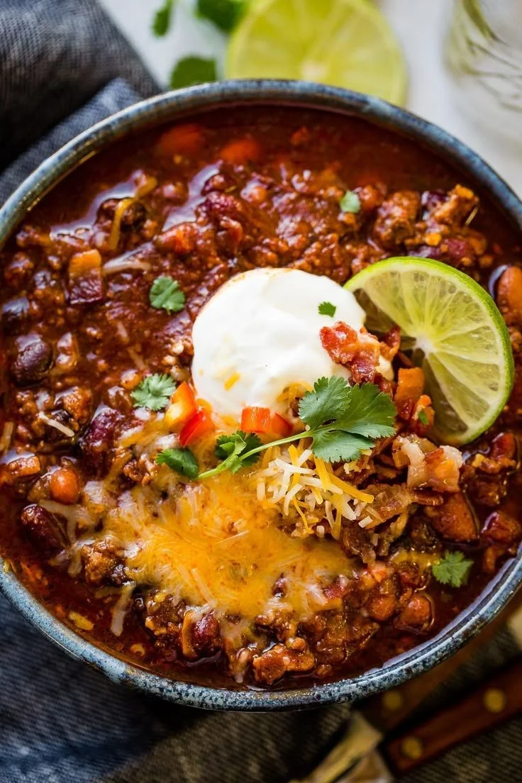 Delicious bowl of award-winning Instant Pot Chili served with toppings