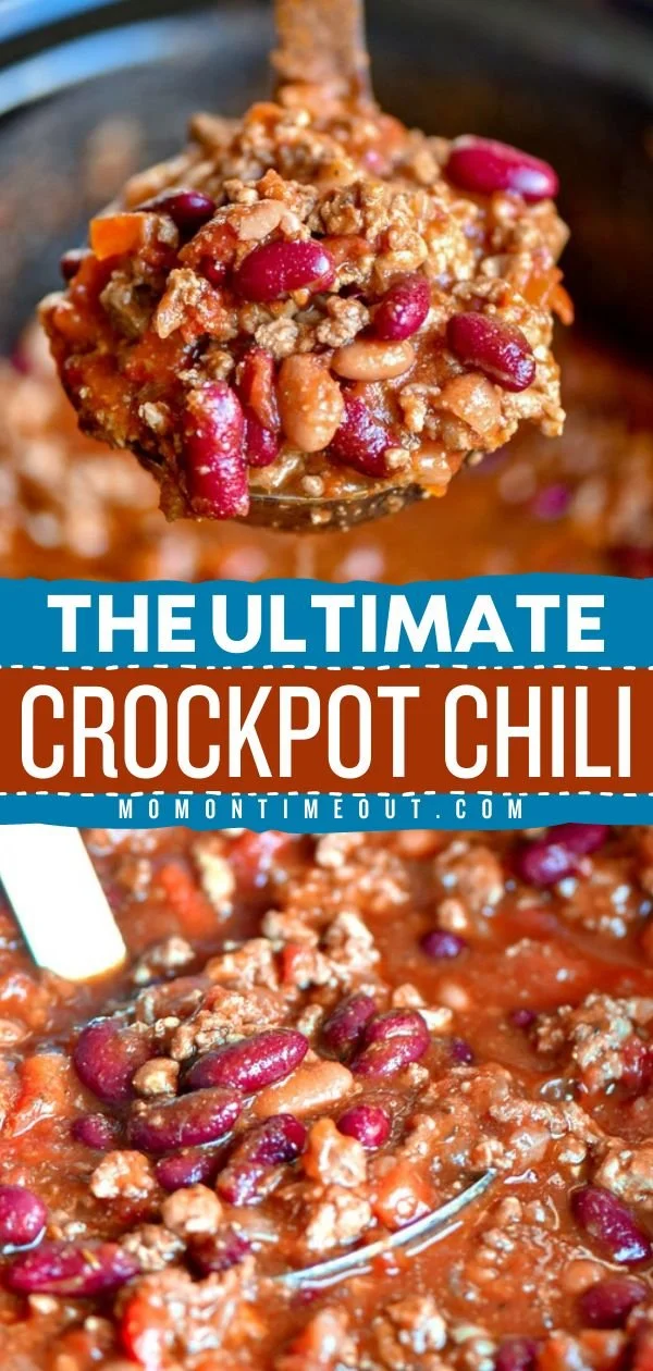 Delicious bowl of ultimate crockpot chili topped with cheese and scallions