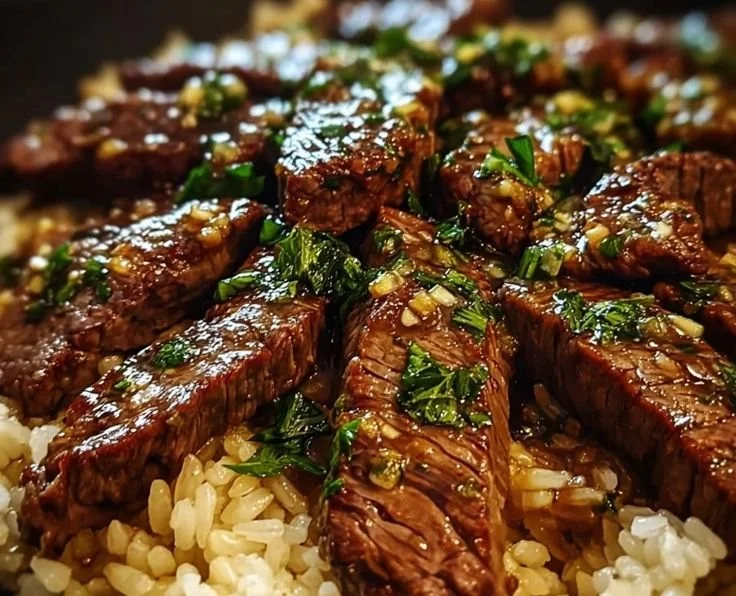 Honey garlic butter steak served over rice in a skillet for a quick meal option.