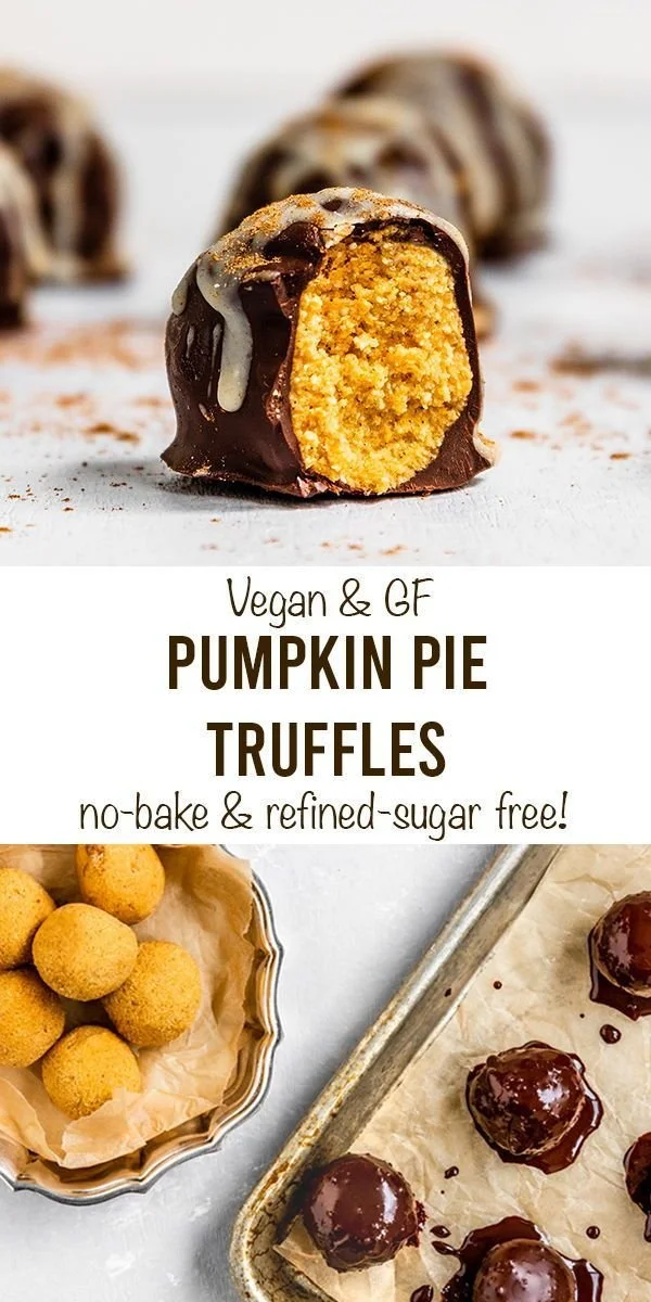Vegan and gluten-free pumpkin pie truffles displayed on a wooden table