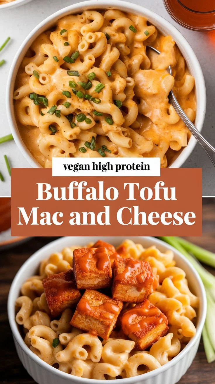 Vegan Buffalo Tofu Mac and Cheese served in a bowl with fresh herbs.