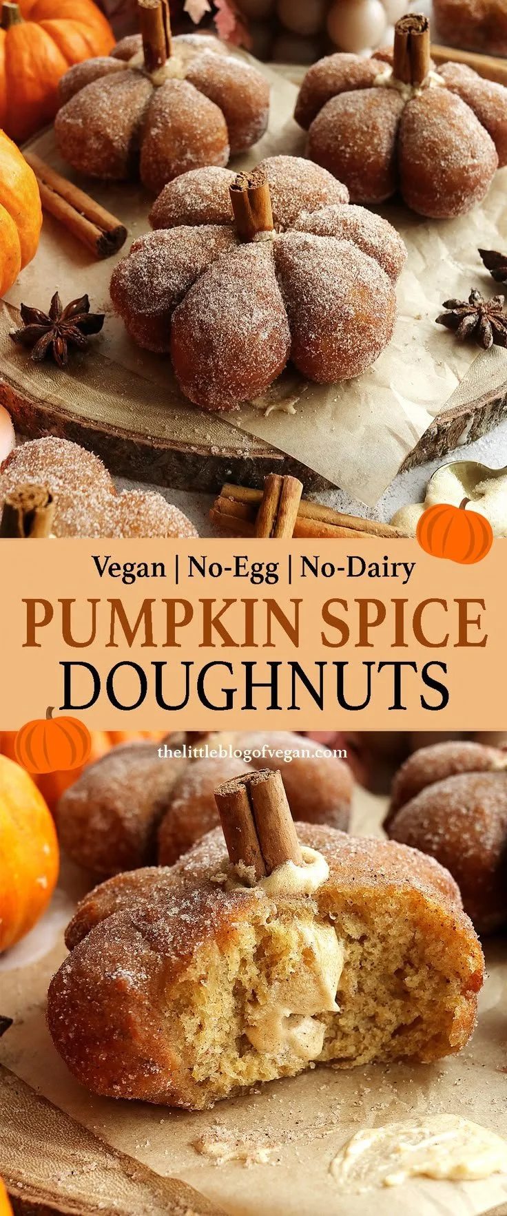 Vegan Pumpkin Spice Doughnuts topped with cinnamon and sugar