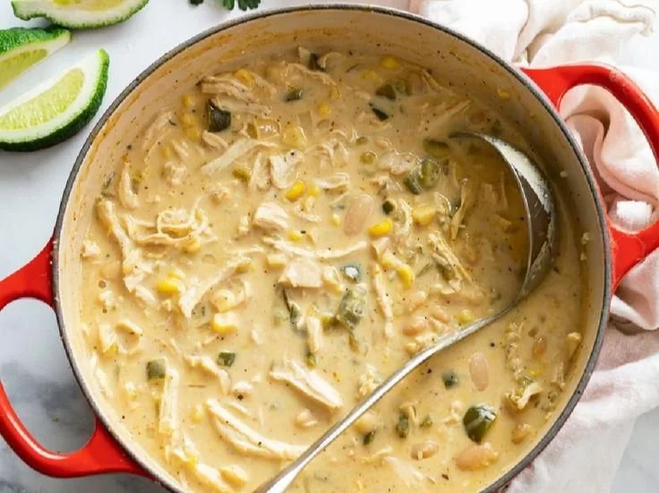 Delicious bowl of white chicken chili with toppings