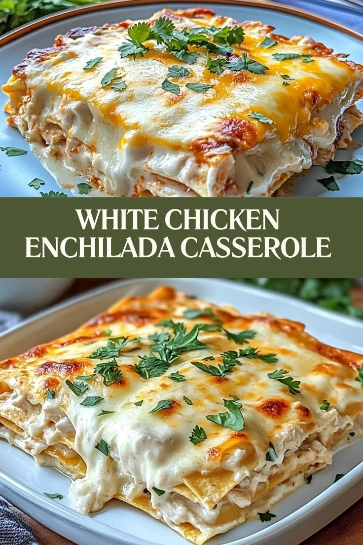 Delicious white chicken enchilada casserole served in a baking dish