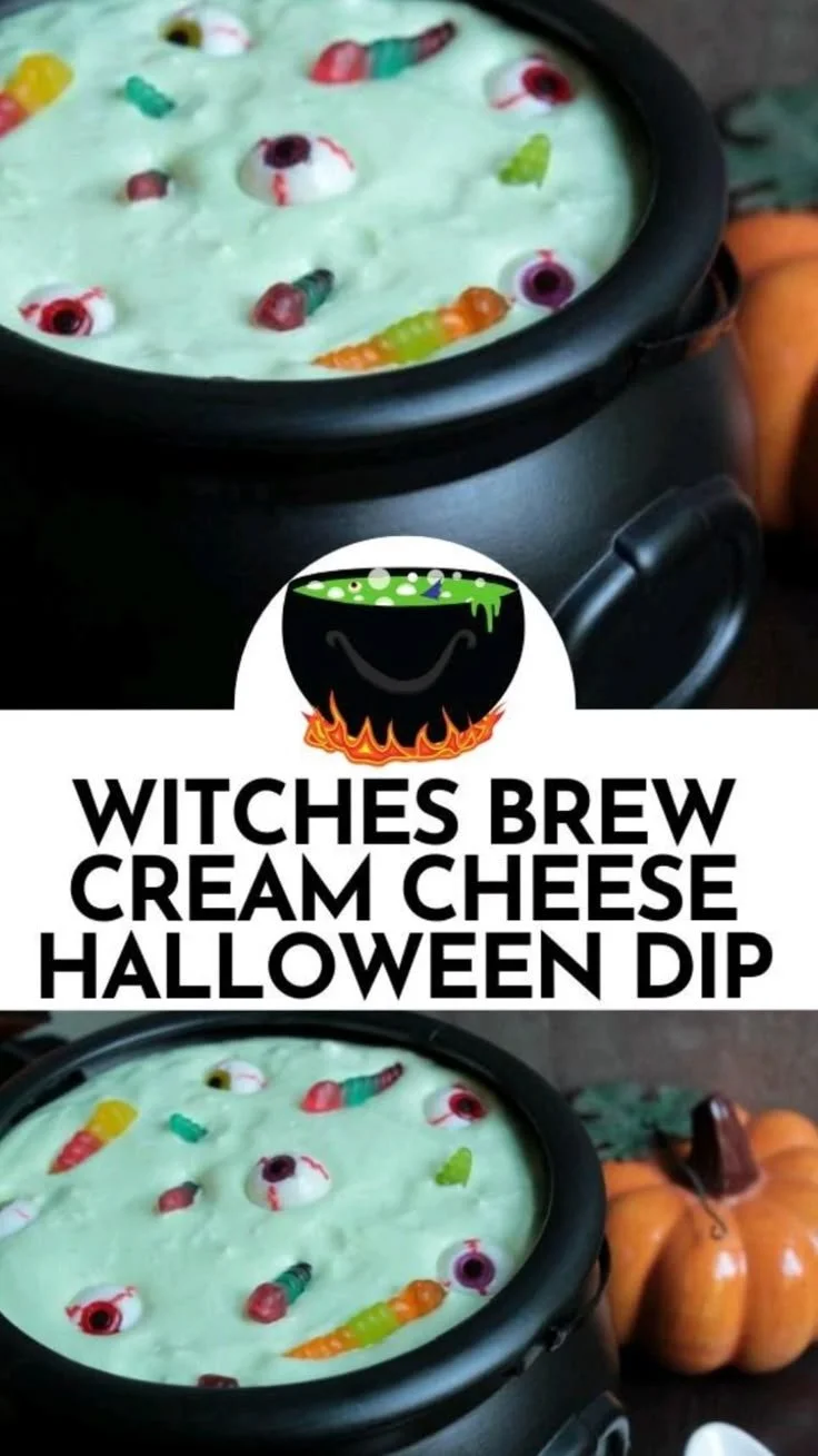 Witches Brew Cream Cheese Halloween dip served in a cauldron